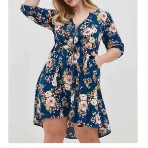 Torrid Dark Blue Floral Mini Challis Zip Front V Neck High Low Dress Size 4X